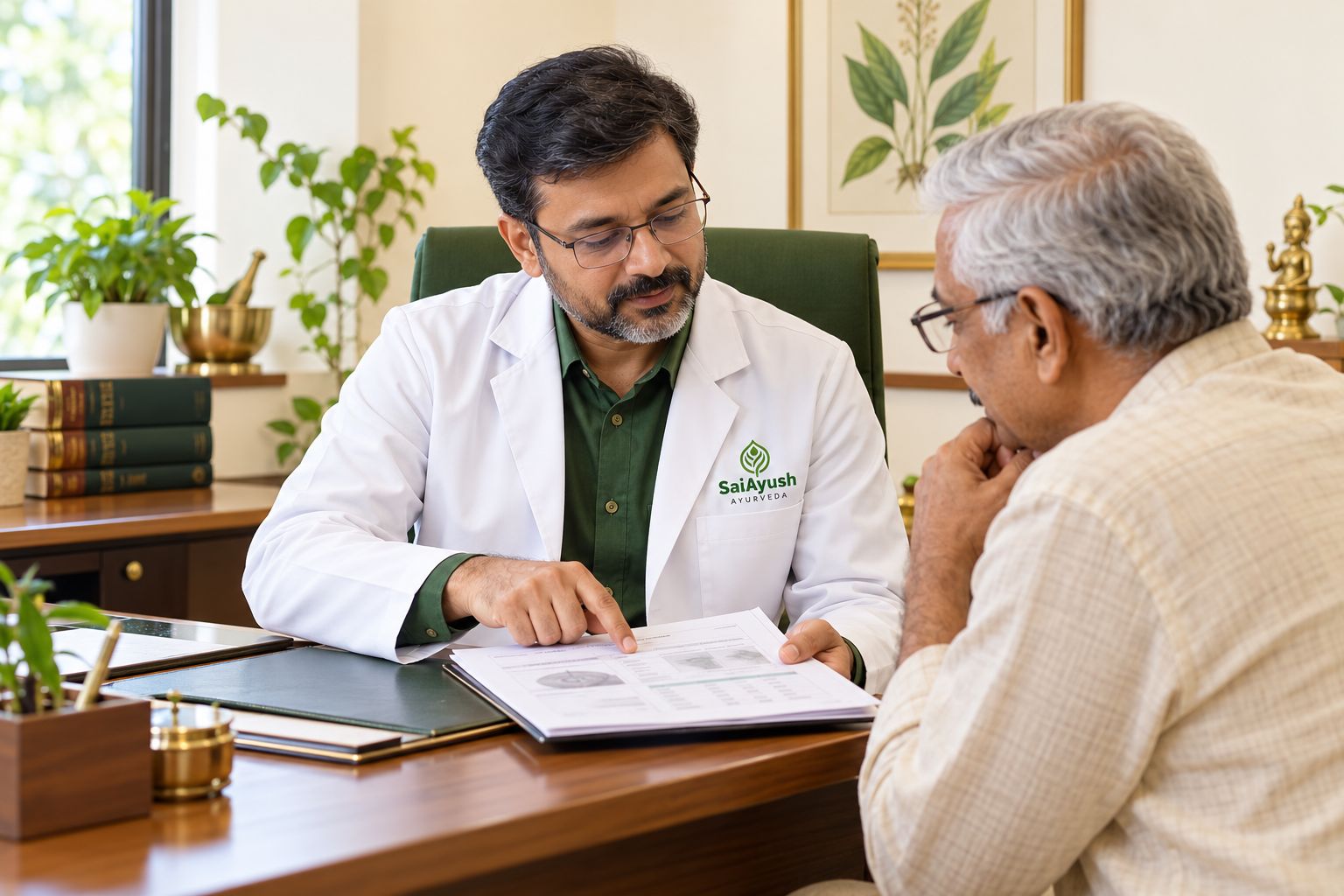 Physician reviewing a patient's medical reports to assess eligibility for insurance-supported Ayurveda treatment at Sai Ayush