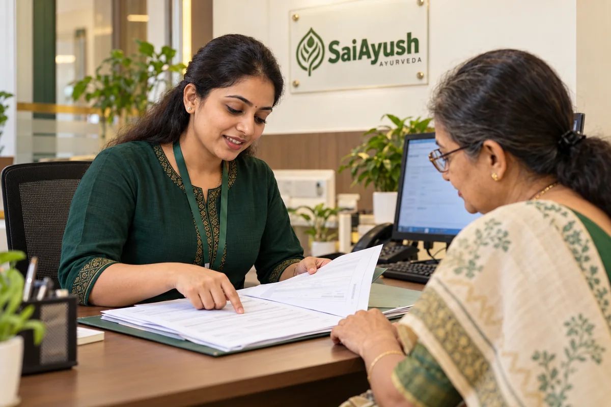 Billing desk staff helping a patient review insurance documents at Sai Ayush Ayurveda Hospital
