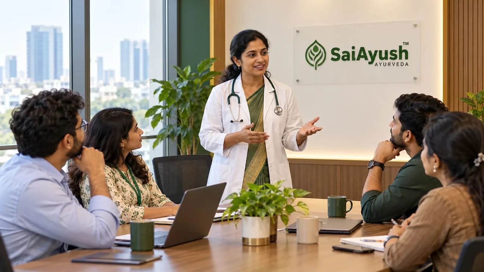Sai Ayush clinician conducting a workplace health-awareness session for employees in Hyderabad.