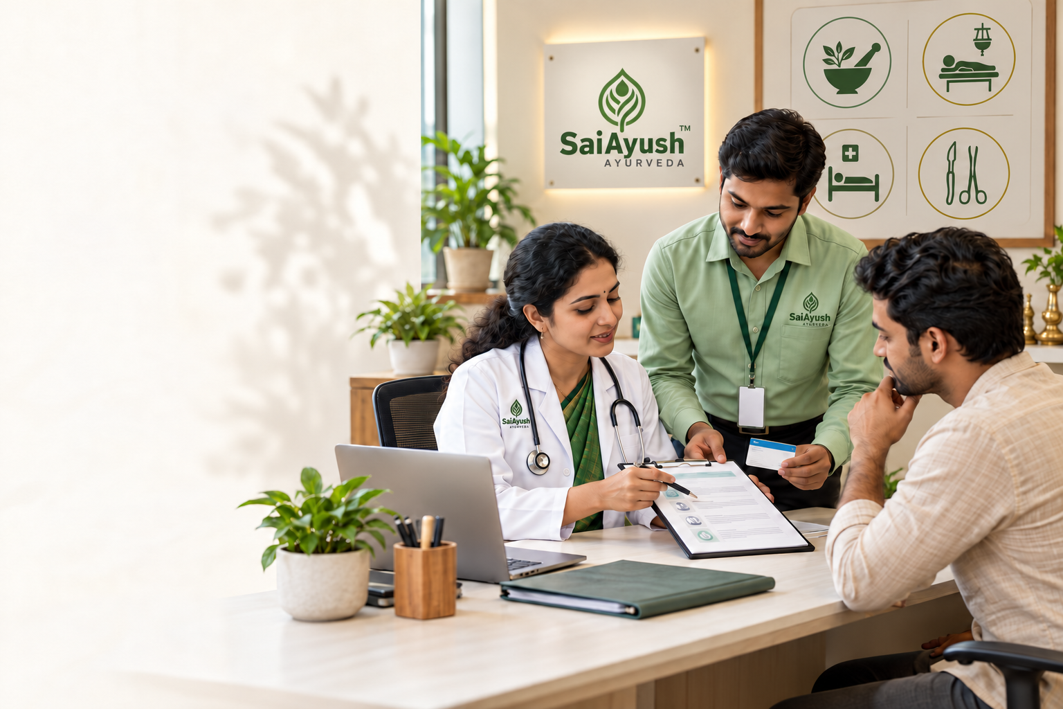 Sai Ayush doctor and insurance coordinator explaining Ayurveda treatment insurance eligibility to a patient