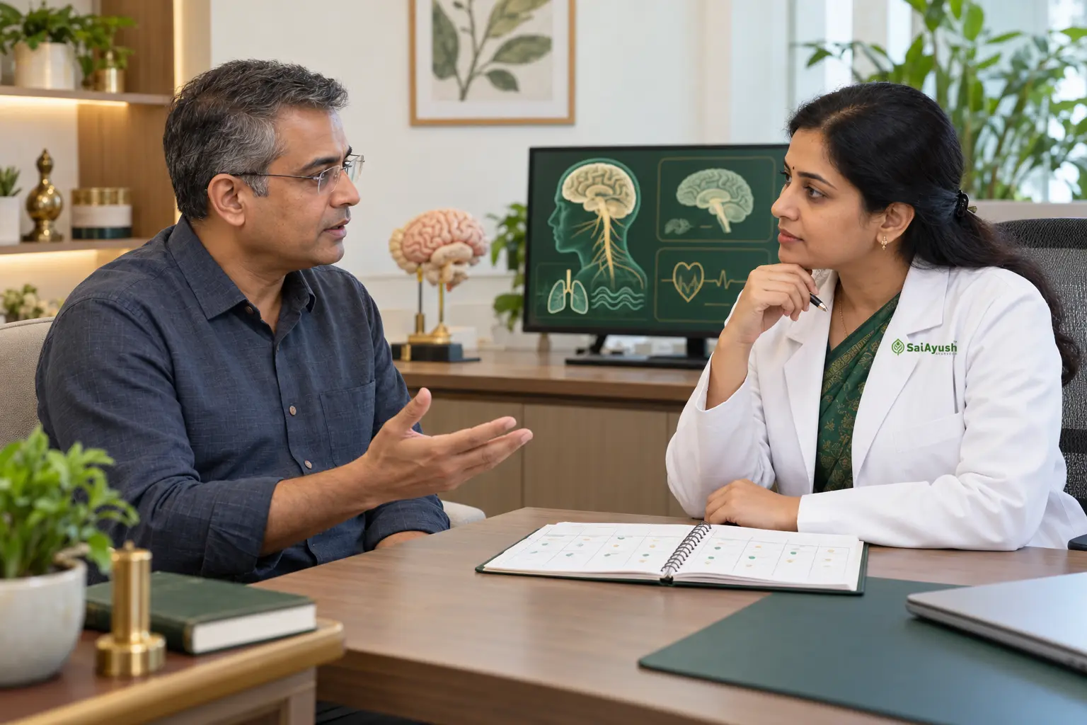 Female Ayurveda doctor listening to a man discussing anxiety symptoms with a symptom diary at Sai Ayush Ayurveda Hospital, Hyderabad.