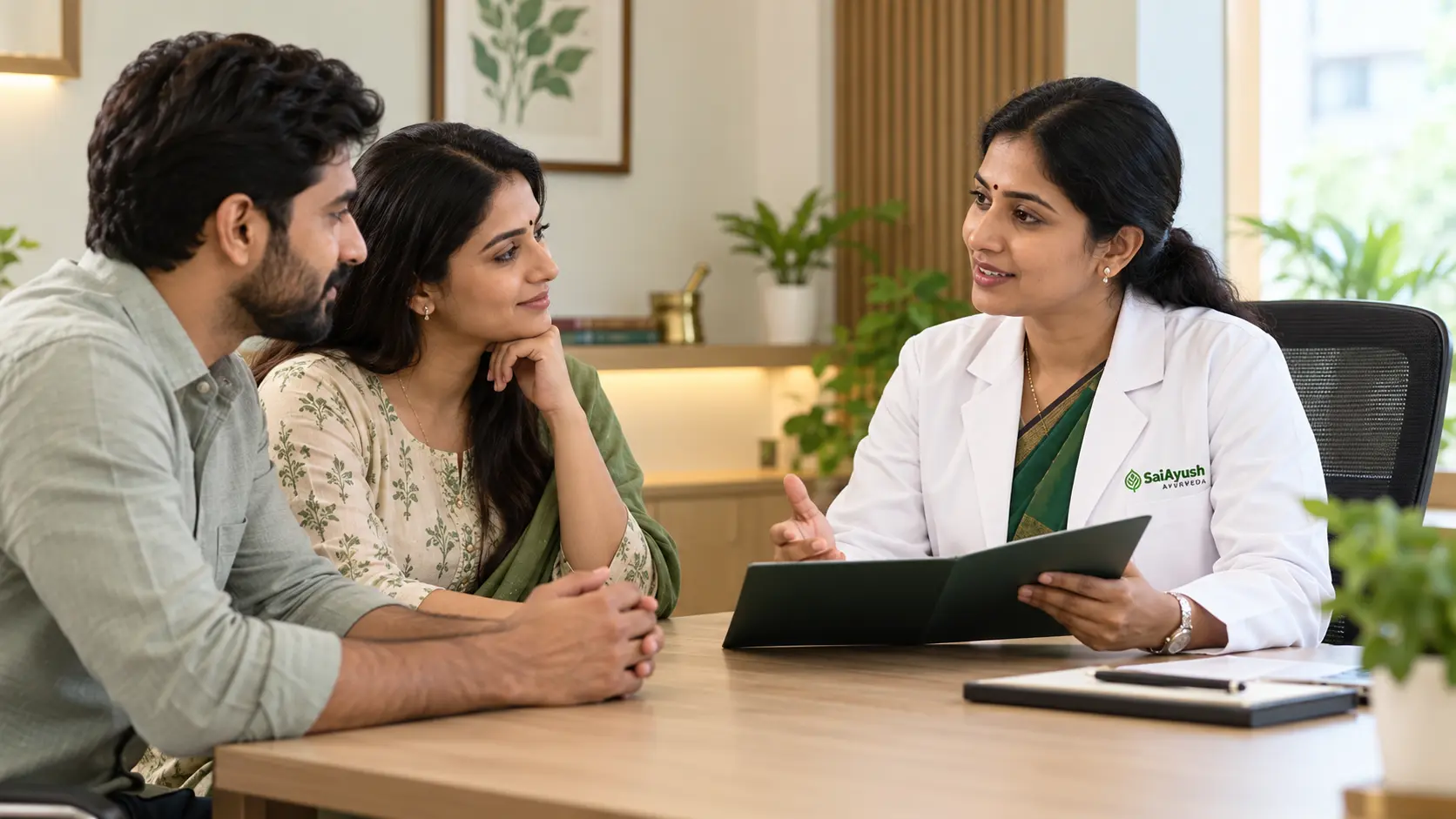 Ayurvedic doctor counselling a couple about fertility care at Sai Ayush Ayurveda Hospital, Hyderabad