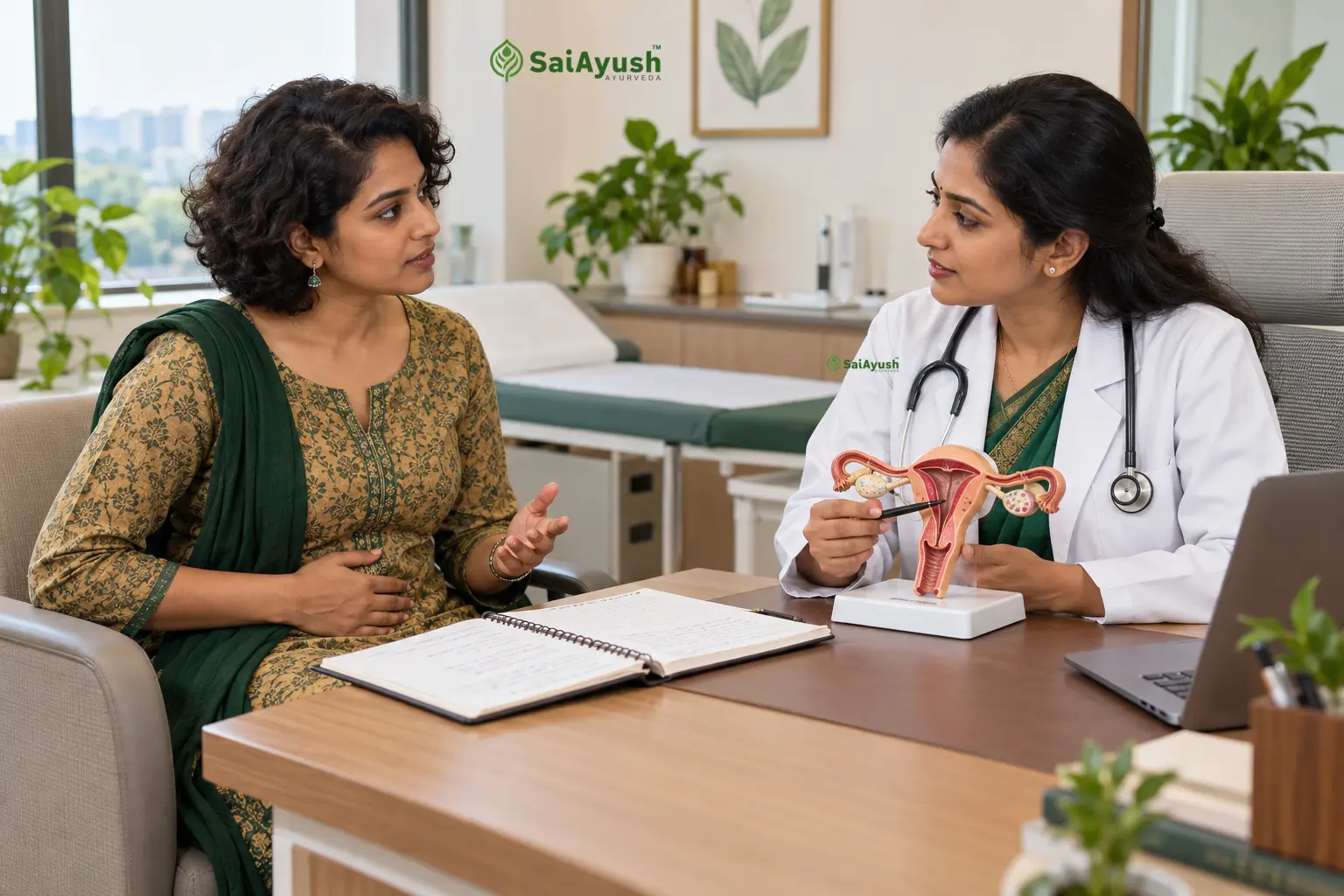 Female Ayurveda doctor explaining pelvic anatomy to a woman discussing endometriosis symptoms at Sai Ayush Ayurveda Hospital, Hyderabad.