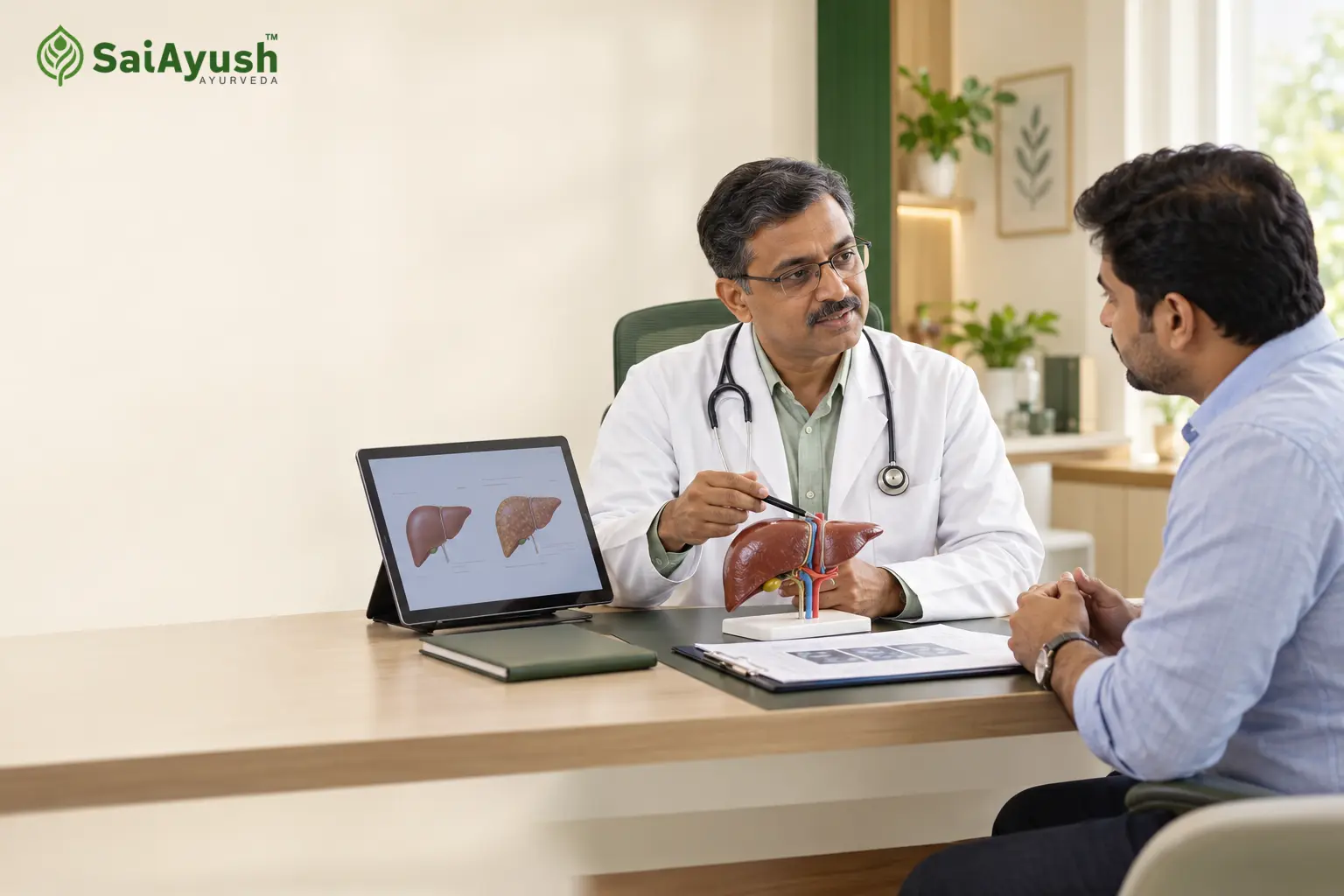 Ayurvedic doctor explaining fatty liver and liver health to a patient at Sai Ayush Ayurveda Hospital, Hyderabad