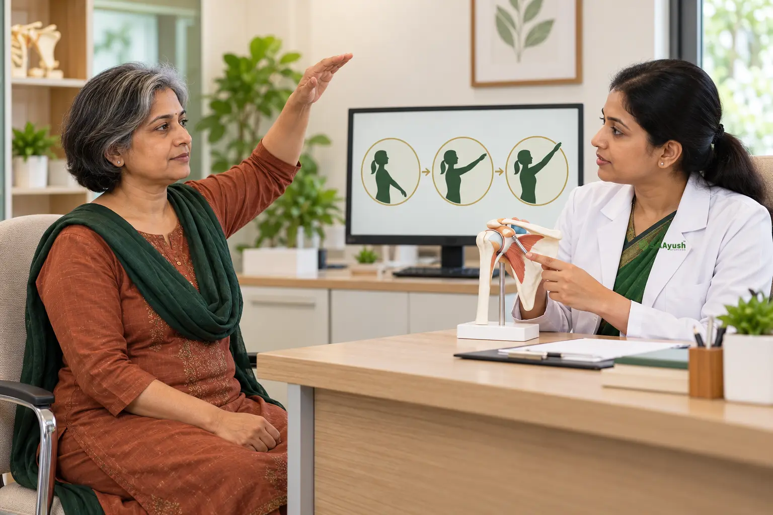 Female Ayurveda doctor explaining frozen-shoulder stages using a shoulder model while a patient demonstrates limited arm movement at Sai Ayush Ayurveda Hospital, Hyderabad.