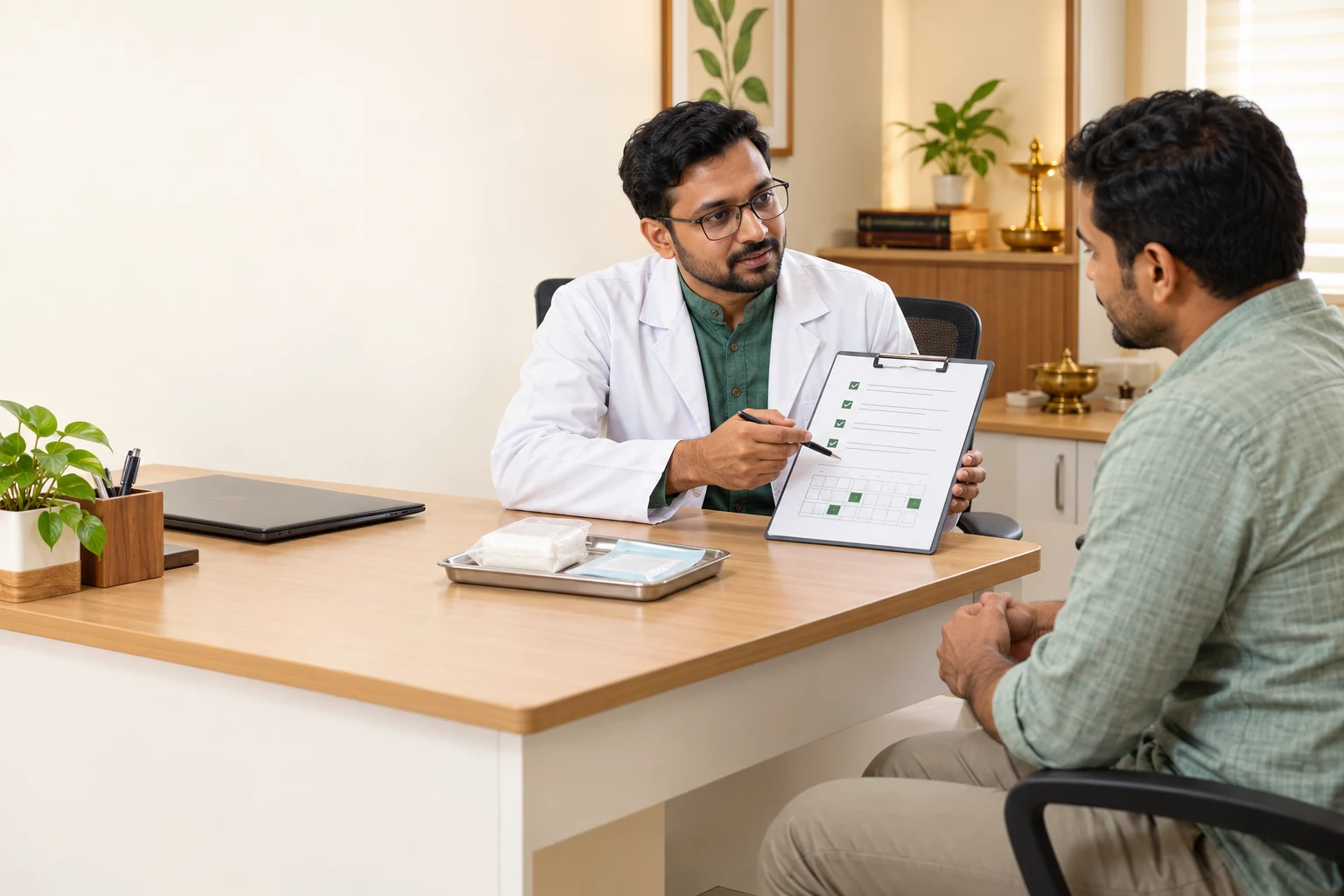 Surgeon explaining Kshara Sutra follow-up and dressing instructions to an adult patient at Sai Ayush Ayurveda Hospital