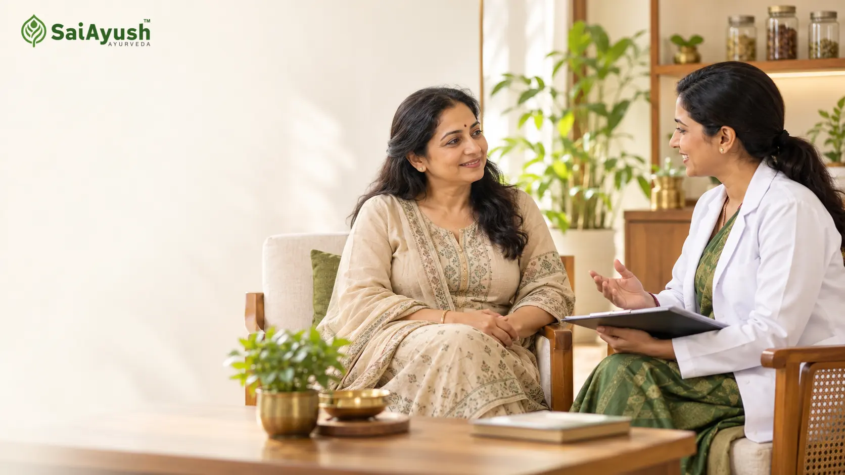 Calm Indian woman in her late 40s speaking with a female Ayurveda doctor in a warm, modern consultation room at Sai Ayush Ayurveda Hospital.