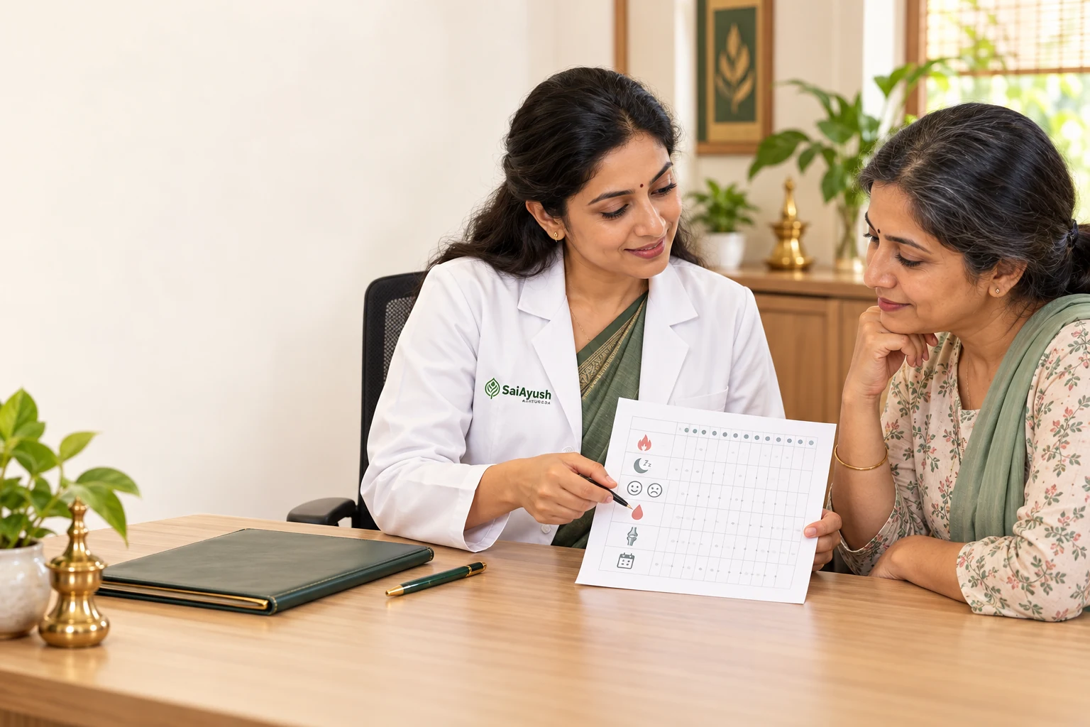 Female Ayurveda doctor reviewing a menopause symptom diary with an adult woman at Sai Ayush Ayurveda Hospital.