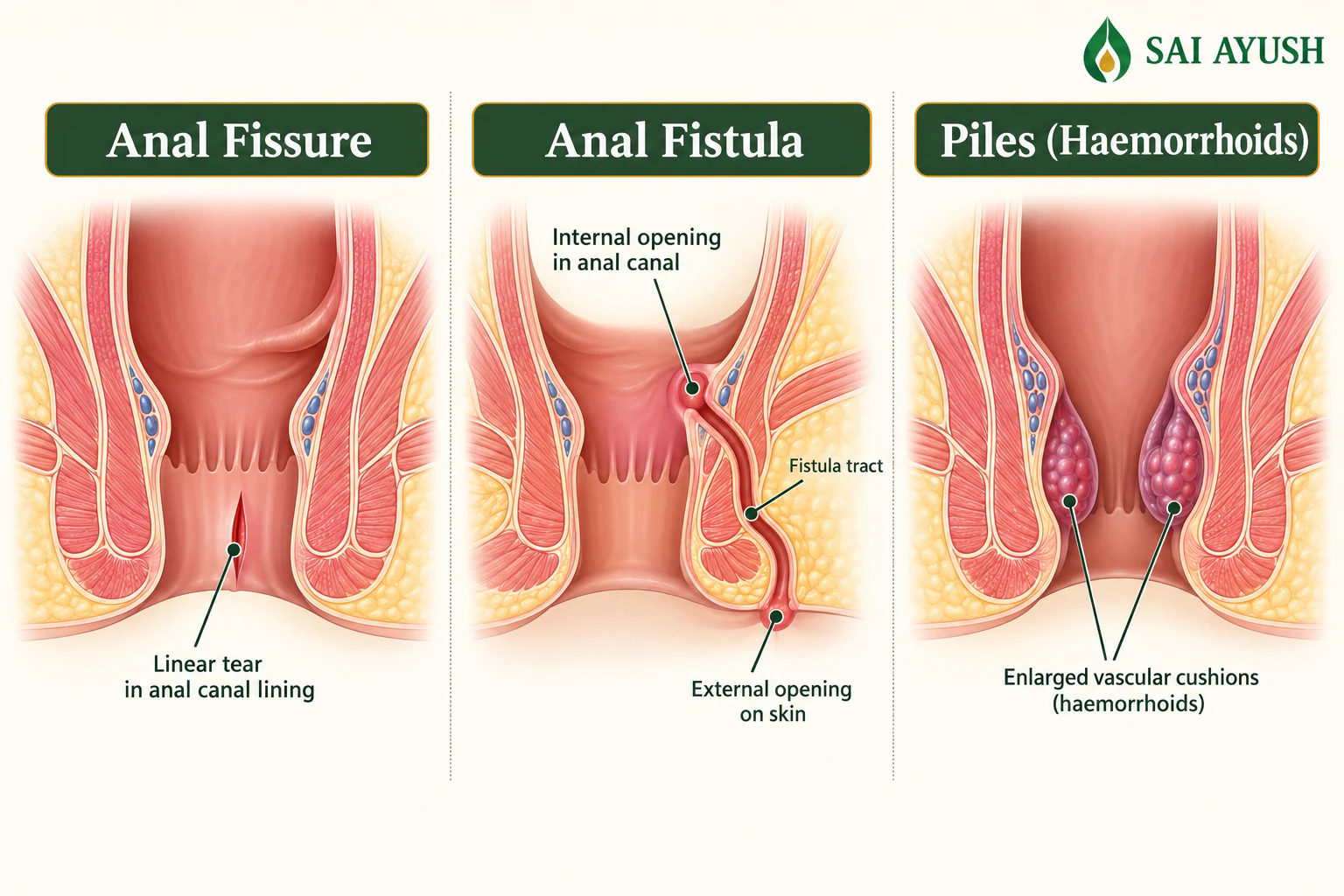 Labelled medical illustration comparing an anal fissure, anal fistula and piles at Sai Ayush Ayurveda Hospital, Hyderabad.