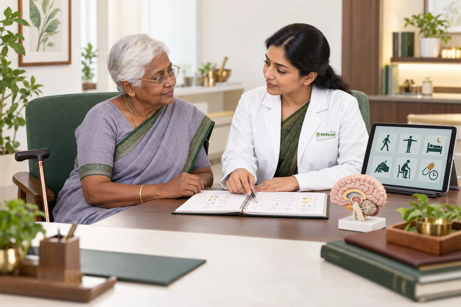 Female Ayurveda doctor reviewing Parkinson’s symptoms and daily-care needs with an older woman at Sai Ayush Ayurveda Hospital.