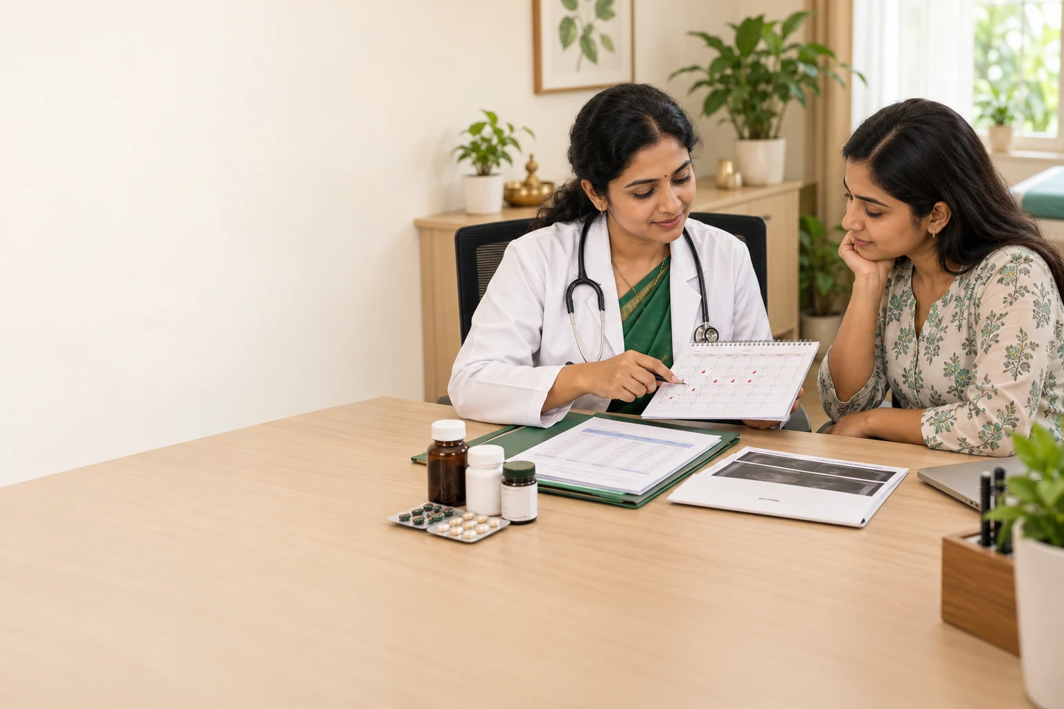 Female doctor reviewing period records, medical reports and medicines with a woman preparing for a PCOS consultation.