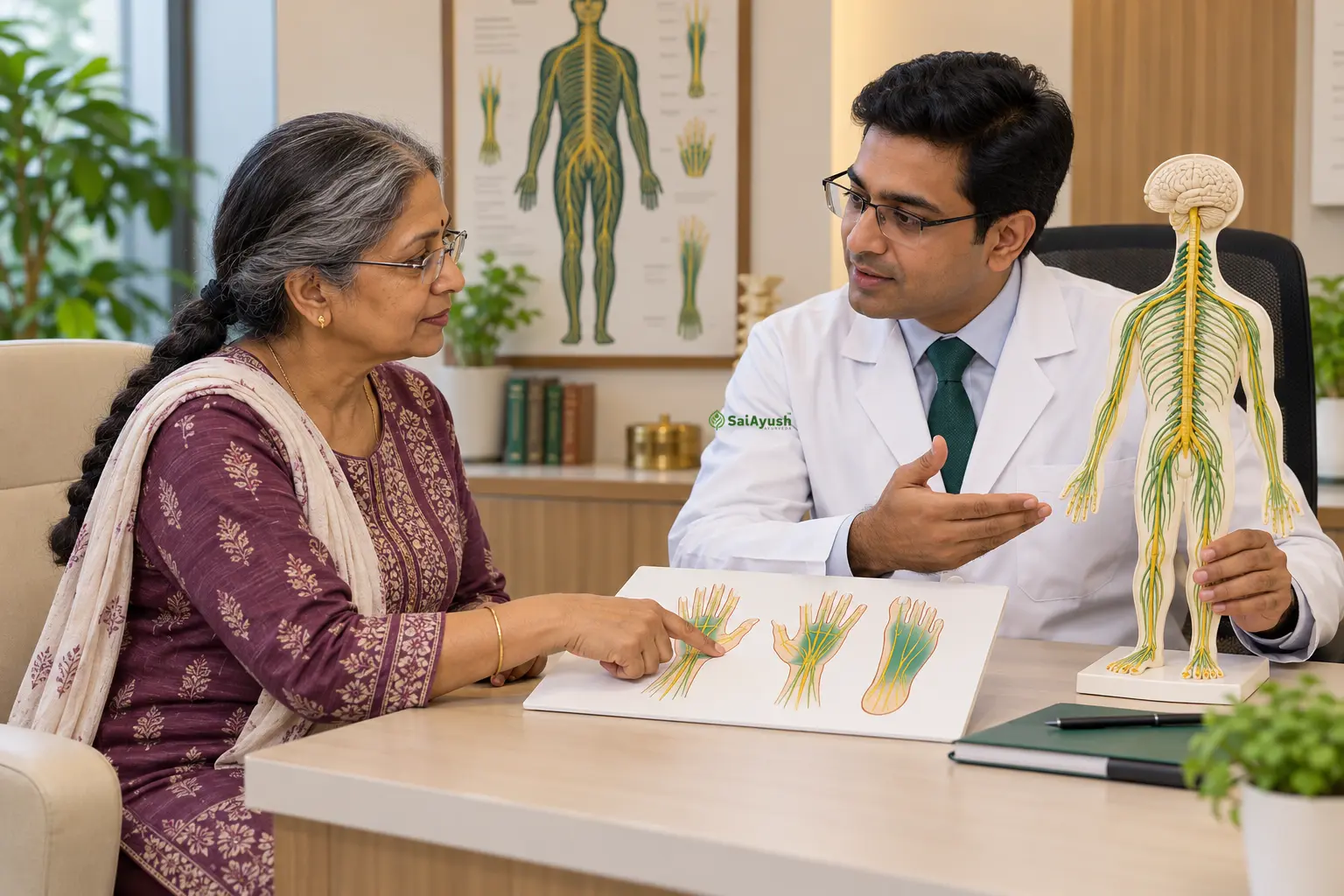Male Ayurveda doctor explaining peripheral nerves to an older woman reporting early numbness and tingling at Sai Ayush Ayurveda Hospital, Hyderabad.