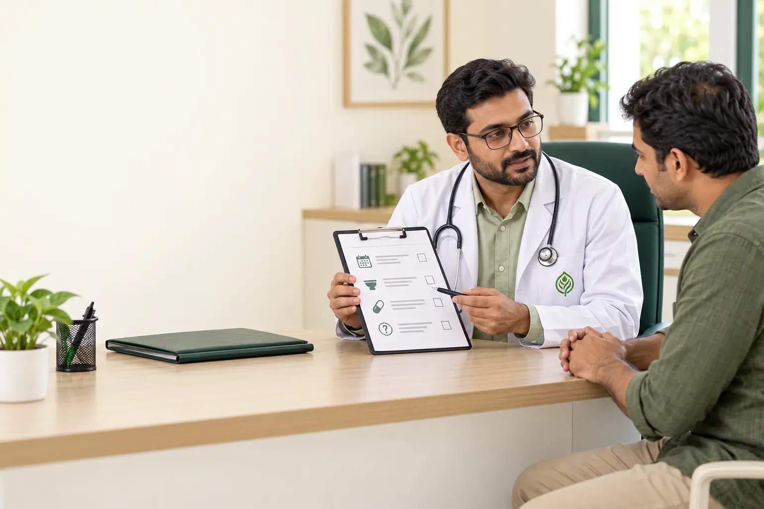 doctor explaining a rectal-bleeding symptom checklist to a male patient at Sai Ayush Ayurveda Hospital.