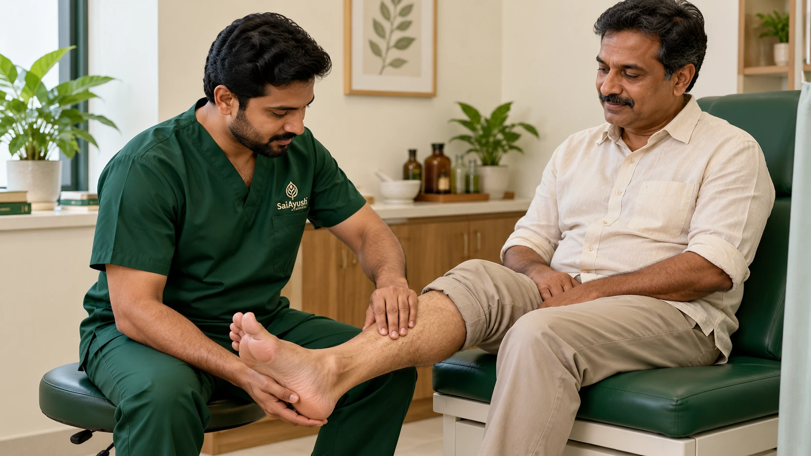 Ayurvedic doctor examining a diabetic patient's foot for nerve-related changes at Sai Ayush Ayurveda Hospital, Hyderabad