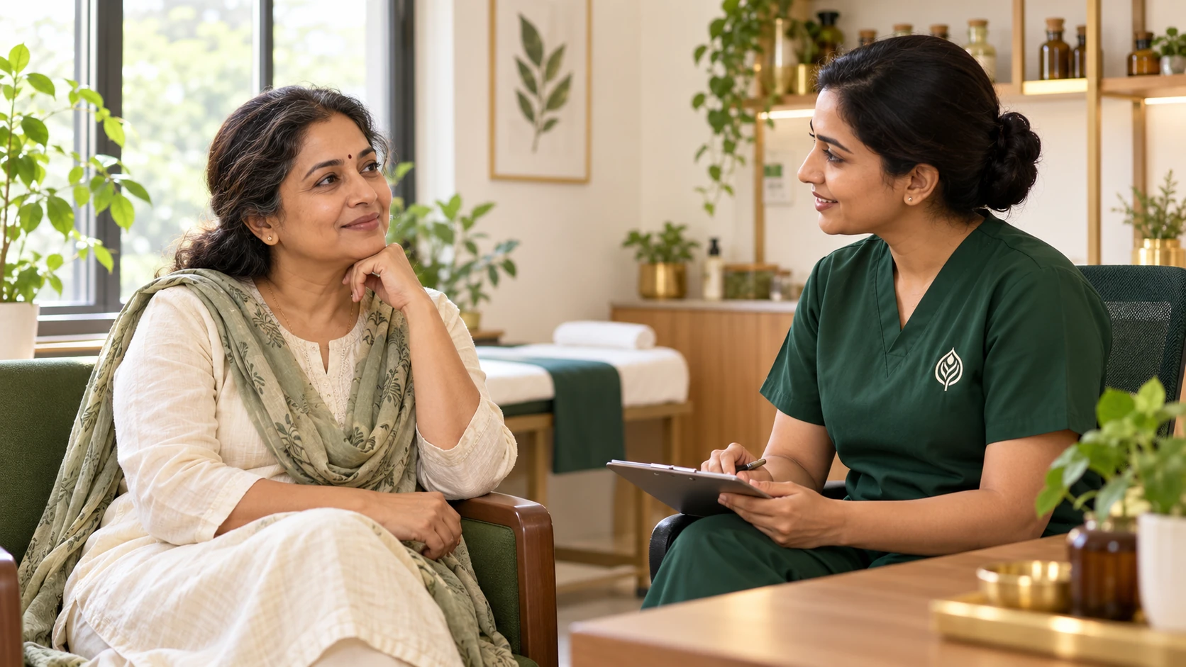 A person finding calm during an Ayurvedic mental-wellness consultation at Sai Ayush Ayurveda Hospital, Hyderabad