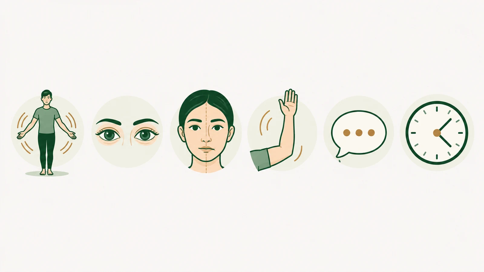 Illustration of the six BE FAST stroke warning signs: balance, eyes, face, arm, speech and time