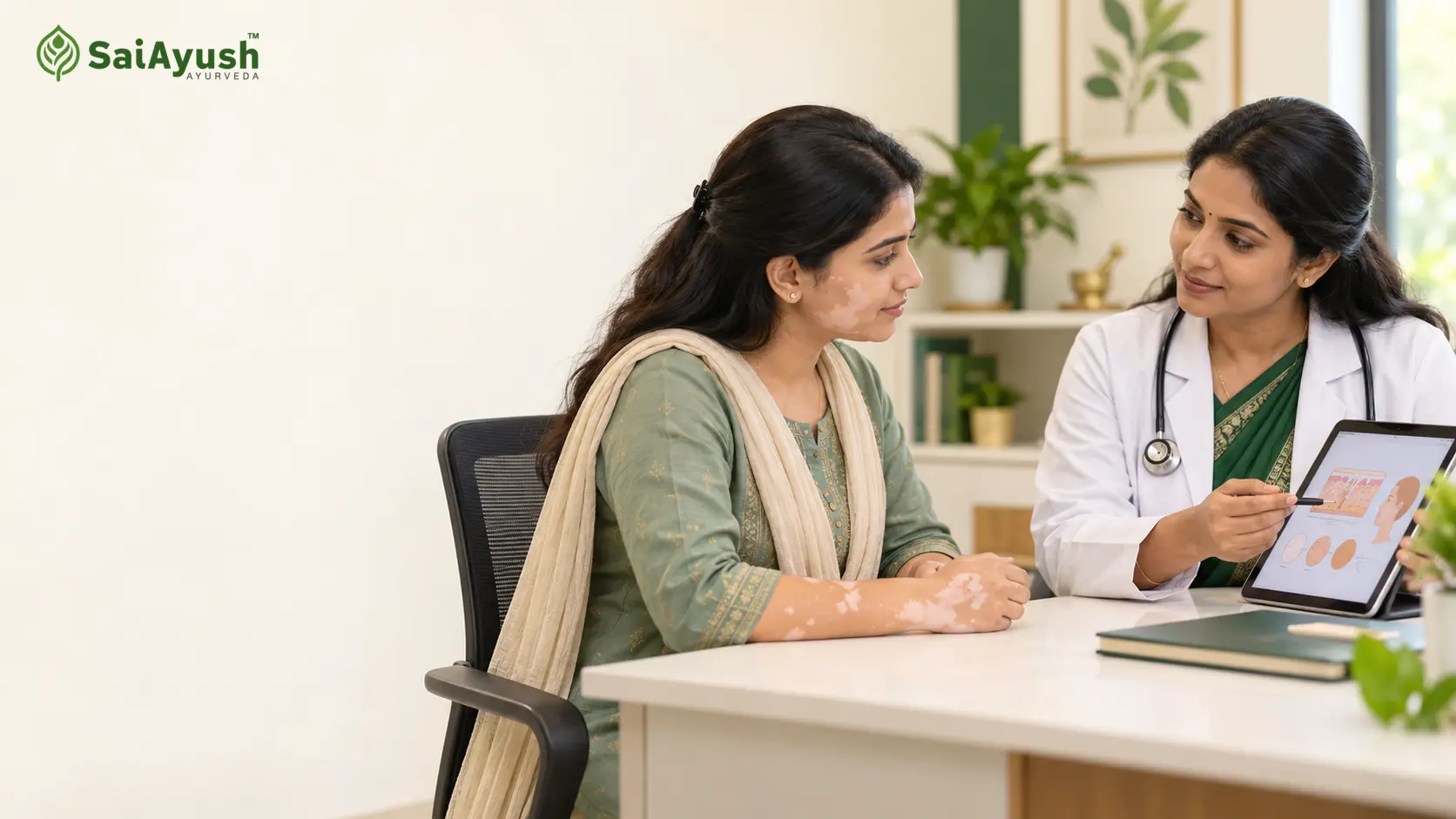 Female Ayurveda doctor reassuring an Indian patient with vitiligo during a respectful skin consultation at Sai Ayush Ayurveda Hospital, Hyderabad.