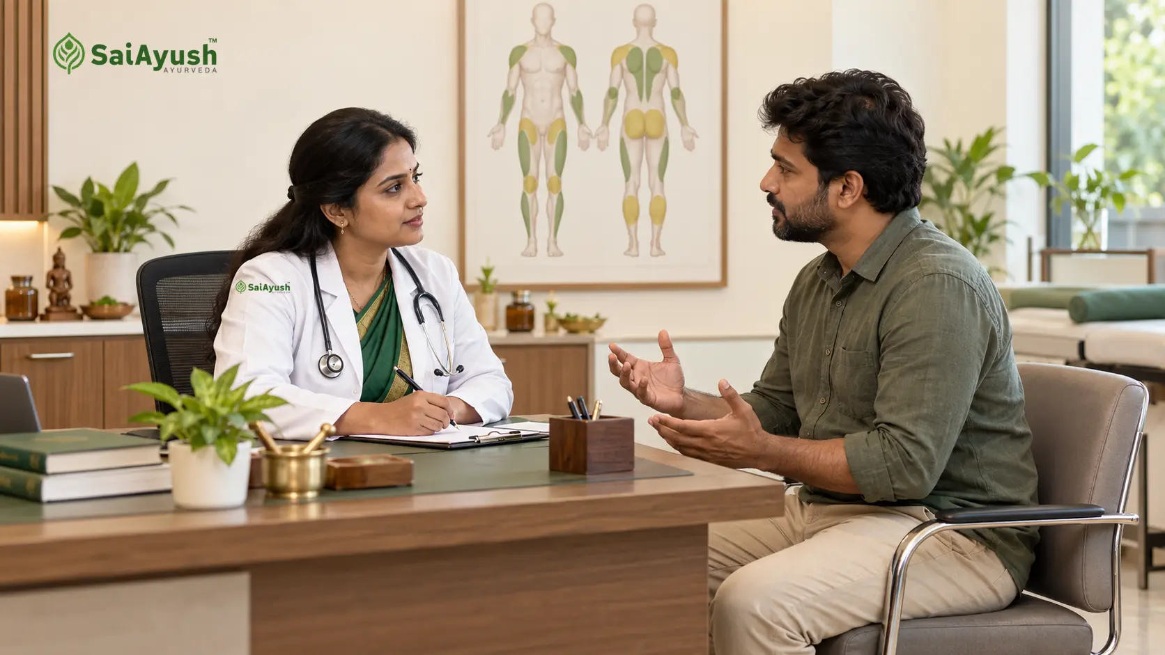 Ayurvedic doctor listening to a patient describing widespread body pain at Sai Ayush Ayurveda Hospital, Hyderabad