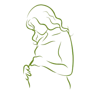 Outline of a pregnant woman illustrated in green lines, representing maternity care at Sai Ayush Ayurveda Hospital in KPHB, Hyderabad.