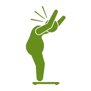 Green icon of a person with arms raised and bent forward, symbolizing a yoga or Ayurveda practice.