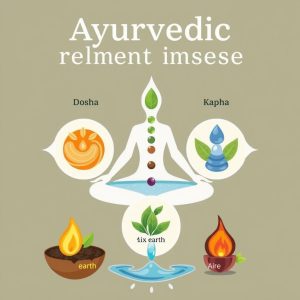 Ayurvedic treatment philosophy showing balance of doshas and natural elements Ayurvedic treatment philosophy showing balance of doshas and natural elements