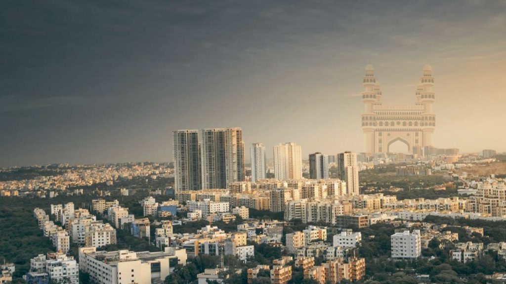 Panoramic view of hyderabad city with traditional and modern elements Panoramic view of Hyderabad city with traditional and modern elements