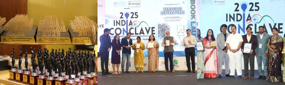 Award ceremony at india conclave 2025 with trophies displayed and people receiving certificates on stage, highlighting achievements in various sectors. – sai ayush ayurveda Award ceremony at India Conclave 2025 with trophies displayed and people receiving certificates on stage, highlighting achievements in various sectors.